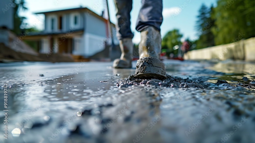Poster Man working on smoothing concrete driveway for the new home build at construction site Architecture and exterior structure base progress safety foundation pavement ground Real estate i : Generative AI