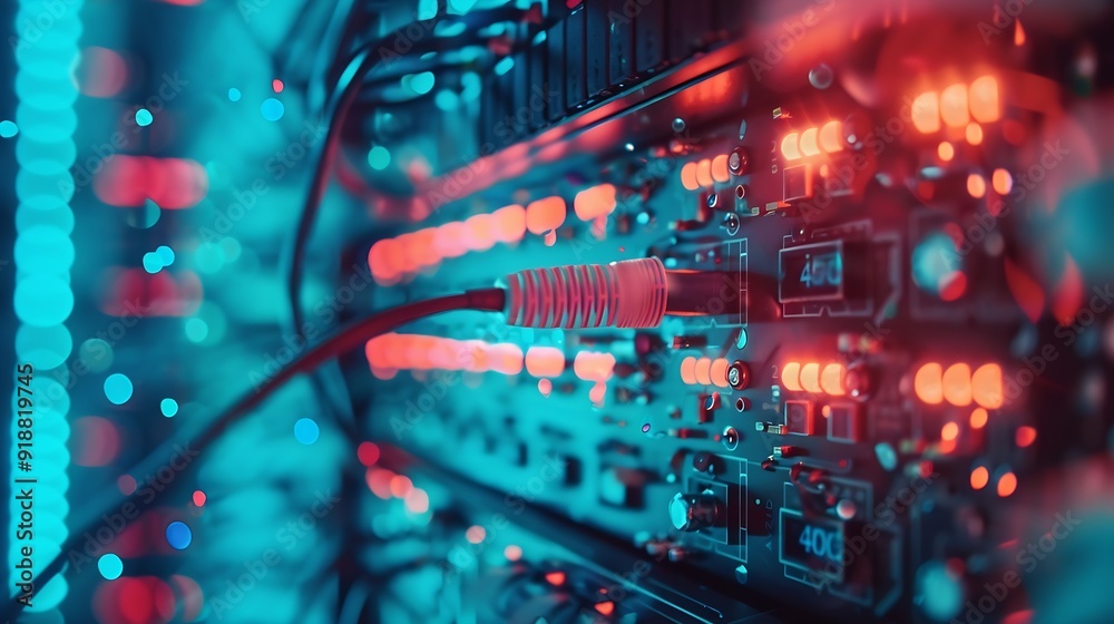 Aufkleber blur technology data center room defocus fiber optic cable and network router switch in data center room for background and wallpaper : Generative AI