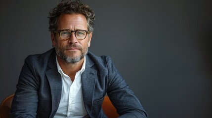 Obraz premium elegant man with glasses and beard sitting on the chair, smiling slightly in front view