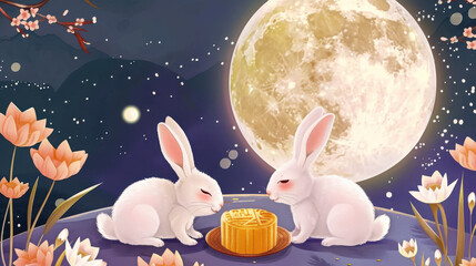 Chinese Mid Autumn Festival design with cute rabbits and moonckae