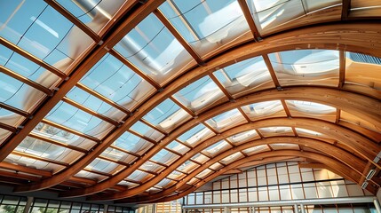 Fototapeta premium Massive wood beam ceiling roof structure with an s shaped curve and is covered in glass plastic sheets