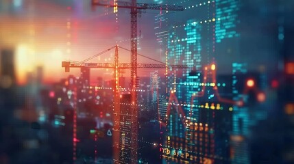 Image of financial data processing over crane and construction site global development business finance digital interface and data processing concept digitally generated image : Generative AI
