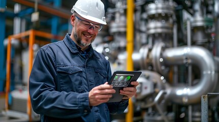 Happy engineer with tablet collecting production data analysing efficiency Hardworking handsome manufacture supervisor checking factory safety using digital device Modern manufacturing : Generative AI