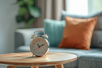 Interior design of a modern living room, close-up of an alarm clock on a round wooden table near a sofa