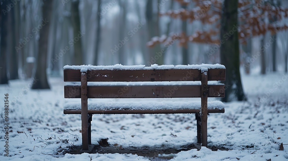 Poster bench covered with snow in frozen forest empty bench in snowy park winter weather wooden bench in pa