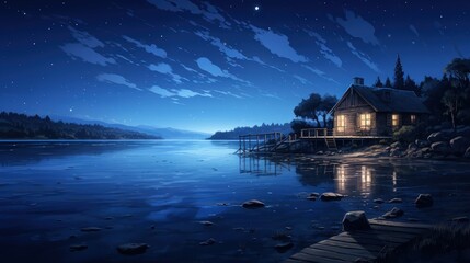 Obraz premium A cabin by the lake at night with a starry sky.