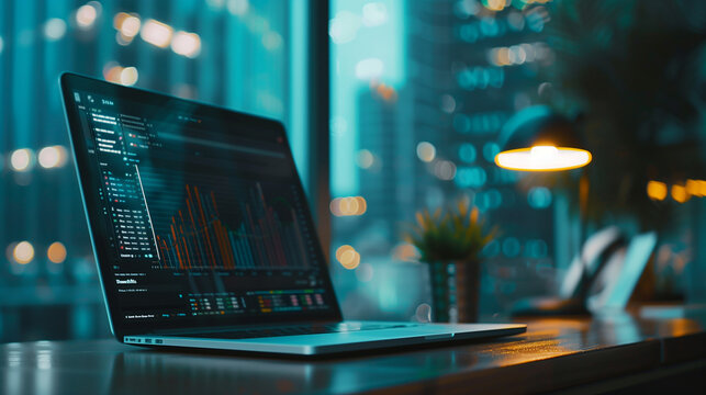 Laptop on the table in the office near the window in the evening. Illustration for business 