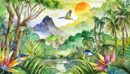 New Watercolor landscape paintings on paper colorful of Village rural, rice field, farm with trees mountain and sky, cloud background