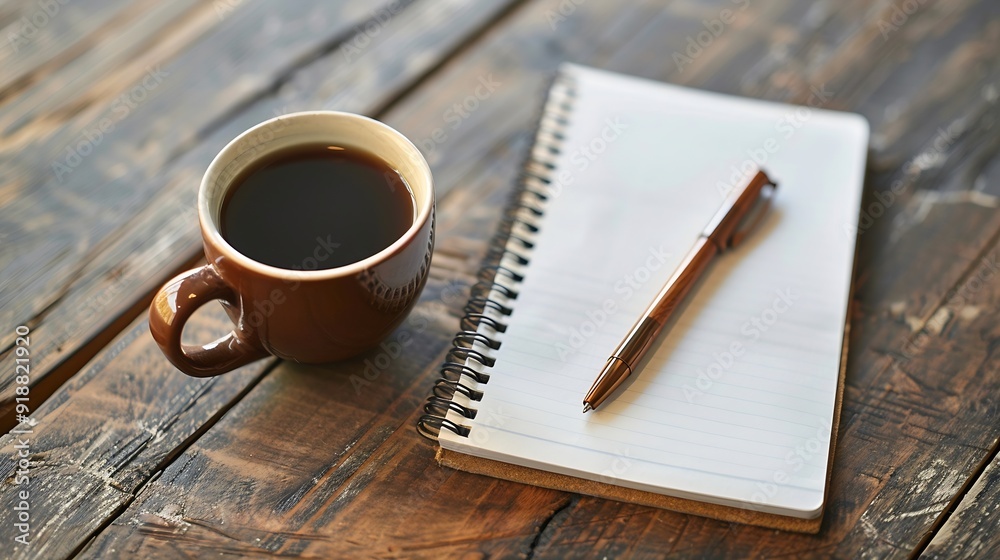 Leinwandbilder cup of coffee with notepad and brown pen on wooden table top view copy space : generative ai