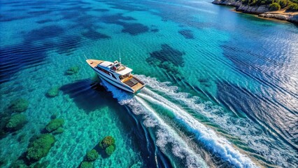 Obraz premium Aerial view of a fast boat on the blue Mediterranean sea, with sunny skies and crystal clear waters , vacation