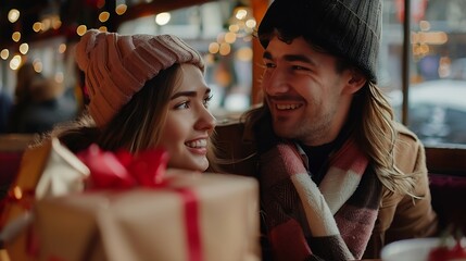 Beautiful young couple celebrating Valentines Day in the restaurant Exchange of gifts Romantic day together : Generative AI