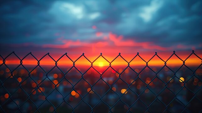 chain link fence with city lights in the background at sunset