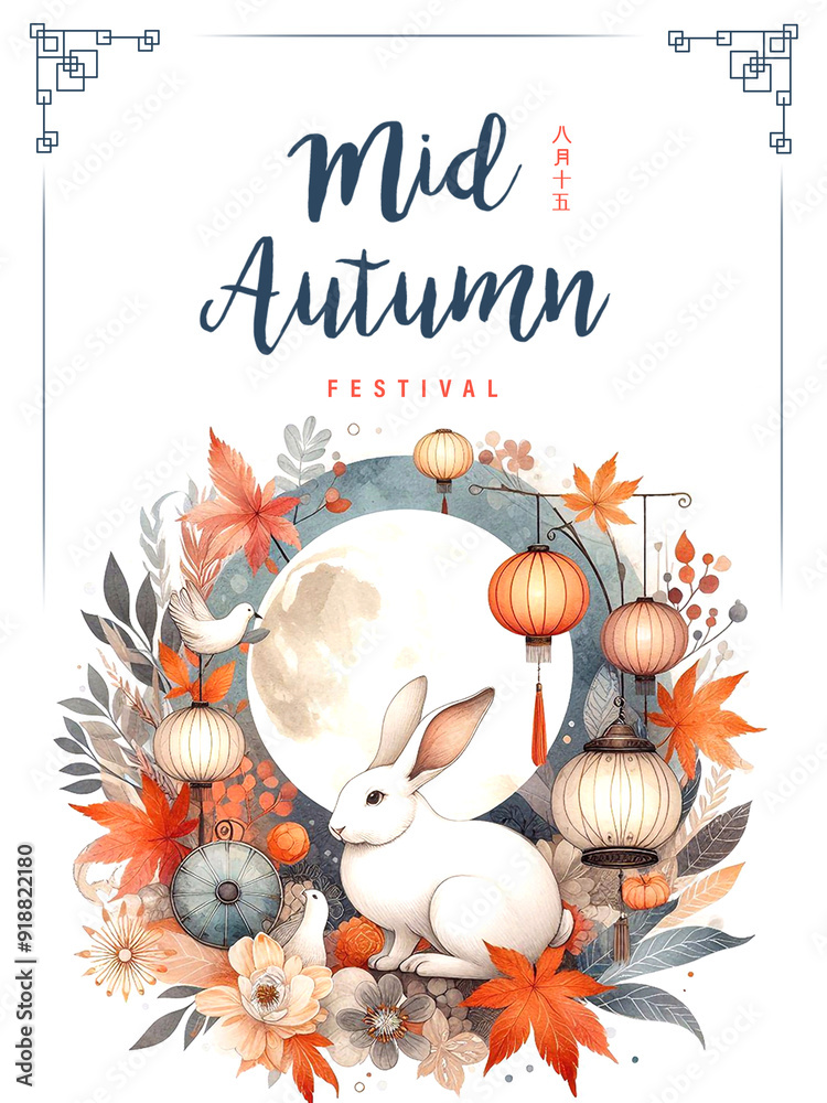 Wall mural happy mid autumn festival with cute rabbit and baked mooncake. ai generative image