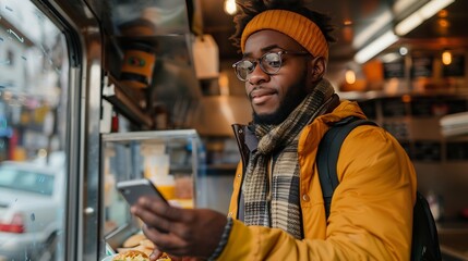 Obraz premium Black man making payment with smartphone in food truck : Generative AI