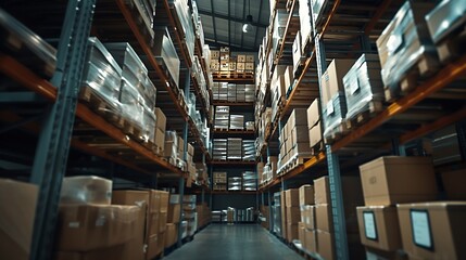 Fototapeta premium Storage room filled with boxes on racks and shelves merchandise stock and cargo packages in warehouse Manufacturing supplies packed in big containers pallets in storehouse space Handhe : Generative AI