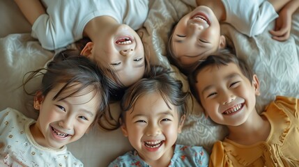 Obraz premium Relax children and happy family in home with parents together for care love or bonding Kids mother and father on sofa for support conversation and play with funny siblings laughing in : Generative AI