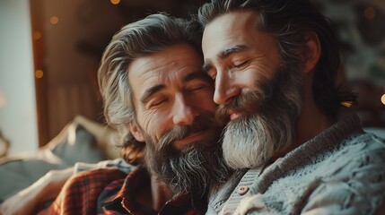 Obraz premium Adult hipster son fun hugging old senior father at home two generations have a beard talking together and relaxing with smile 2 man happy enjoy to living at home in fathers day with lo : Generative AI