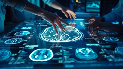 Naklejka premium Hospital Medical Research Center Focus On Hand Gestures Of Diverse Colleagues Gathered Around Interactive Touch Screen Table With MRI Scans Of Brain On Display Doctors Looking For Alzh : Generative AI