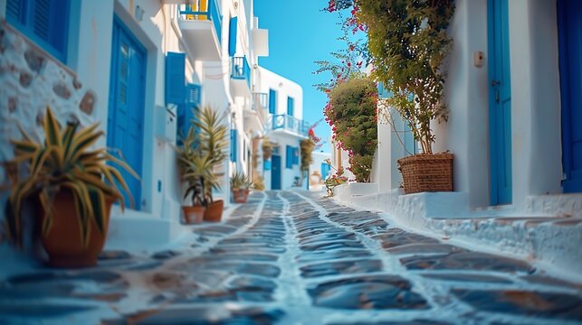 Fototapeta Picturesque narrow blue and white cobble street and traditional Greek houses in Mykonos Island Greece : Generative AI