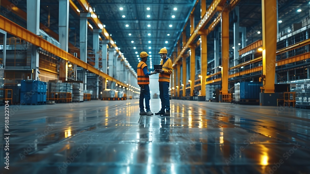 Poster Industry 40 Modern Factory Two Engineers in Empty Warehouse Use Digital Tablet Computer with Augmented Reality Software For a Room Mapping Doing 3D Factory Floor Layout High Angle Shot : Generative AI