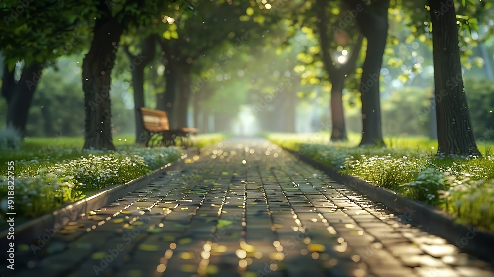 Poster An empty park alley on a spring day : Generative AI