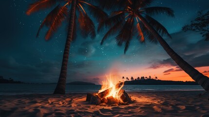 A cozy campfire on the beach under a starry sky with palm trees.