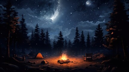 A Cozy Campsite Under a Starry Sky with a Campfire, Tent, and a Wooden Chair.