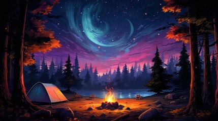 Obraz premium A cozy campsite with a tent, campfire, and two chairs by a lake, under a starry night sky with a blue and pink aurora.