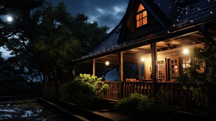 Fototapeta premium A cozy wooden cabin with lights on at night, illuminated by the moon and surrounded by trees.