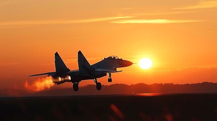 Fototapeta premium MiG 29 fighter jet taking off at sunset
