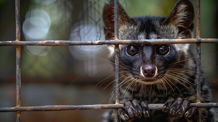 Closeup pandanus civet or weasel in cage Civet cat animal in captivity at coffee plantation farm in Vietnam animals rights : Generative AI