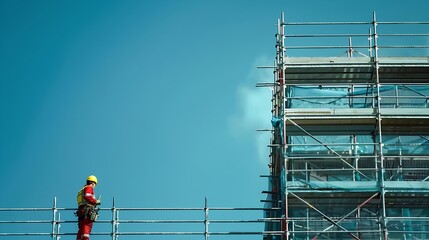 Construction Contractor Worker on a Scaffolding Performing Roof Elements Assembly : Generative AI