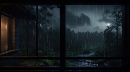 A dark and stormy night with a view of a river and forest from a window.