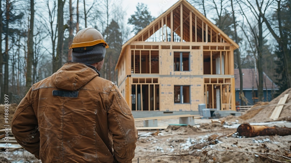 Poster worker building wooden twostory house near the forest man in work clothes and hard hat reviewing the