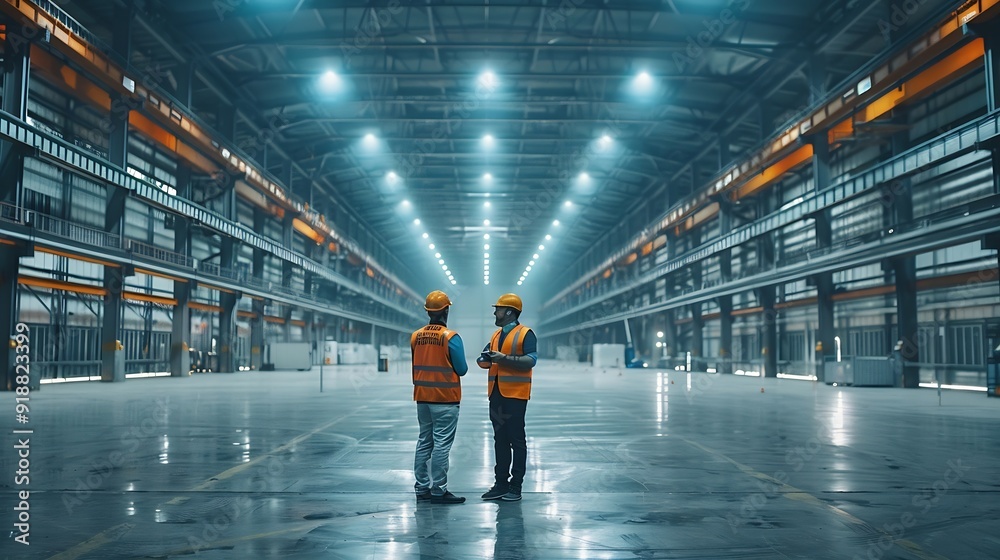 Poster Two Engineers Talking Standing in the Middle of an Empty Warehouse Inspecting Planning Future Factory Layout Professionals Industrial Designers Strategizing about New Manufacturing Pla : Generative AI