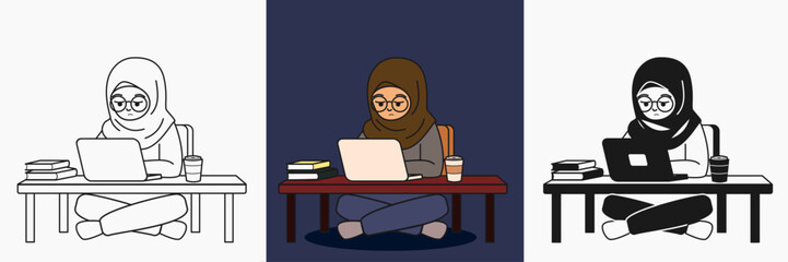 an illustration of girl study at night with tired face and various coloring style