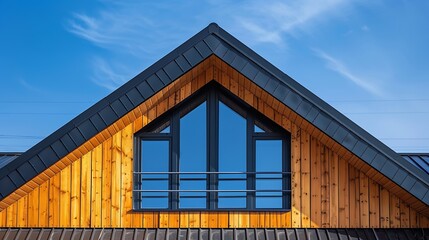 Obraz premium Wooden plank gabled roof on a new modern house with window copy space : Generative AI