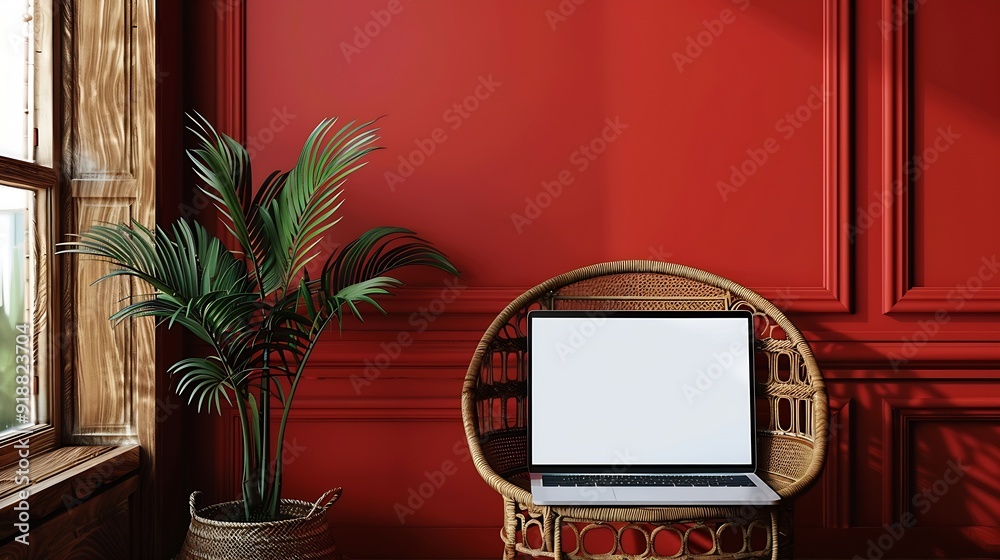 Aufkleber Laptop computer with blank screen on comfortable rattan chair against red color wall Aesthetic template with mockup copy space Online store blog social media website branding Online sh : Generative AI