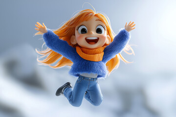 Happy smile laughing cartoon character young adult woman person portrait jumping with hands up in 3d style design on white background. Human people feelings expression concept