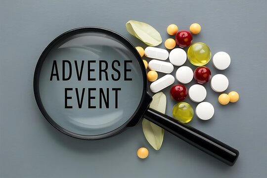 Medical Concept Showing Text Adverse Event Under Magnifying Glass with Tablets and Vitamins on Gray Background Ideal for Healthcare and Pharmaceutical Illustrations.