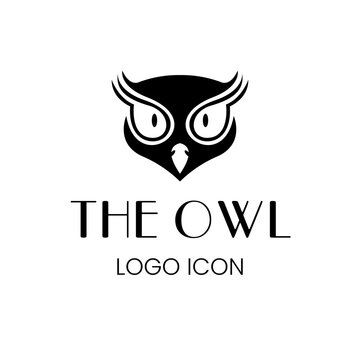Owl head logo icon with big eyes sharp gaze in classic silhouette simple elegant style