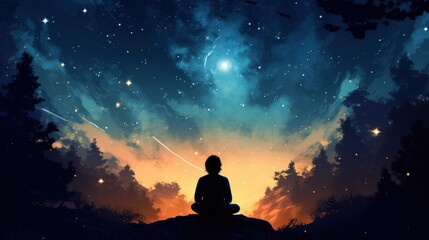 A lone figure sits on a cliff, watching the stars and moon in the night sky.
