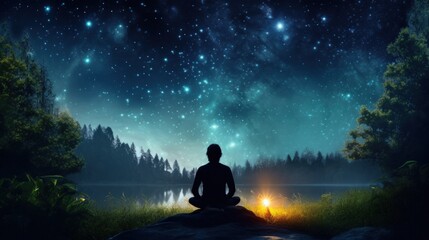 A lone figure sits on a rock by a lake, gazing up at a vast, starry night sky. The silhouette of the person is illuminated by a small light in front of them