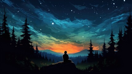 Fototapeta premium A lone figure sits on a rock overlooking a forest with a starry sky above.