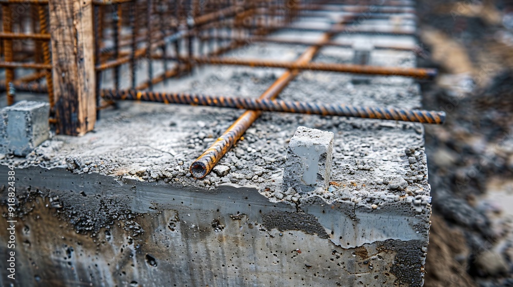 Poster large reinforced concrete structures at the construction site preparation for the installation of re