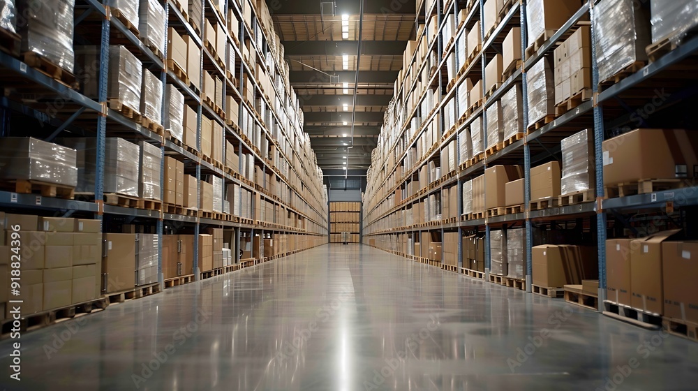 Poster rows of shelves with boxes in the factory warehouse a perfectly white clean warehouse smooth boxes s