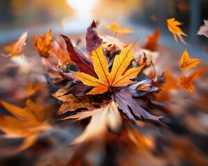 Fall leaf piles, playful scenes, vibrant colors, dynamic action