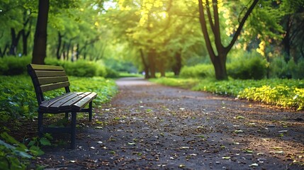 Fototapeta premium A park with a bench and walking path on the side and a tree with green foliage in the background : Generative AI