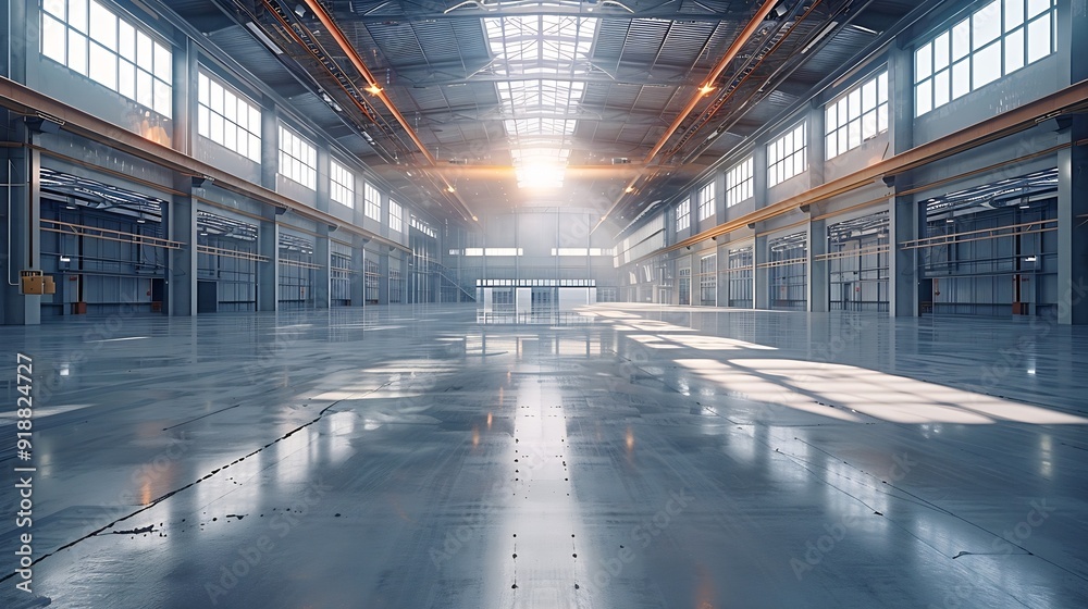 Poster large bright and empty warehouse : generative ai