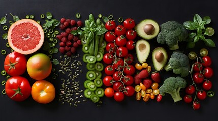 Fresh vegetables fruits and seeds on black table flat lay : Generative AI